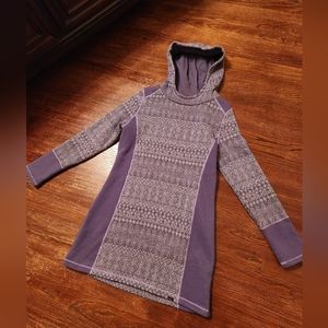Prana sweater dress/tunic, sz XL, purple and cream color has hood.